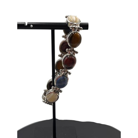 Sterling Silver Vintage Oval Stone Sodalite, Tigers Eye, Agate, Jasper Bracelet - Picture 3 of 9